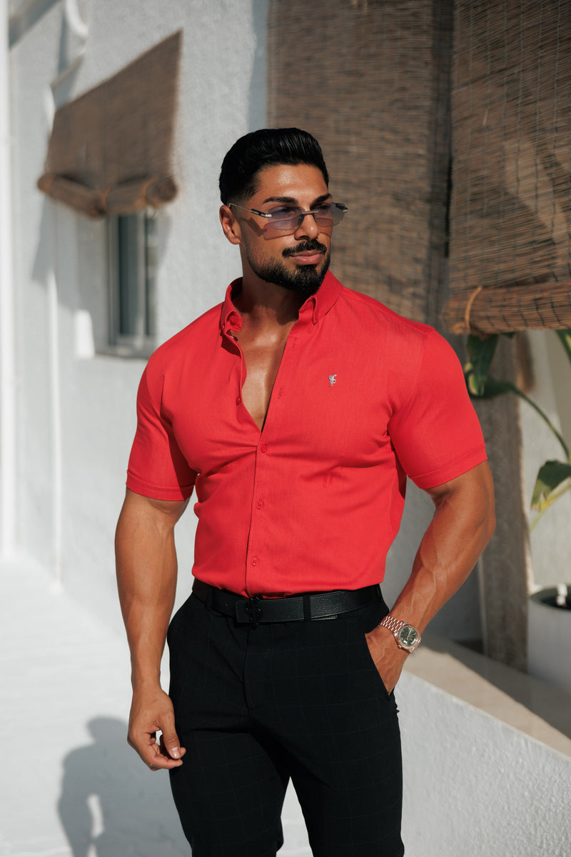 FS Super Slim Stretch Postbox Red Denim Short Sleeve with Button Down Collar - FS1135