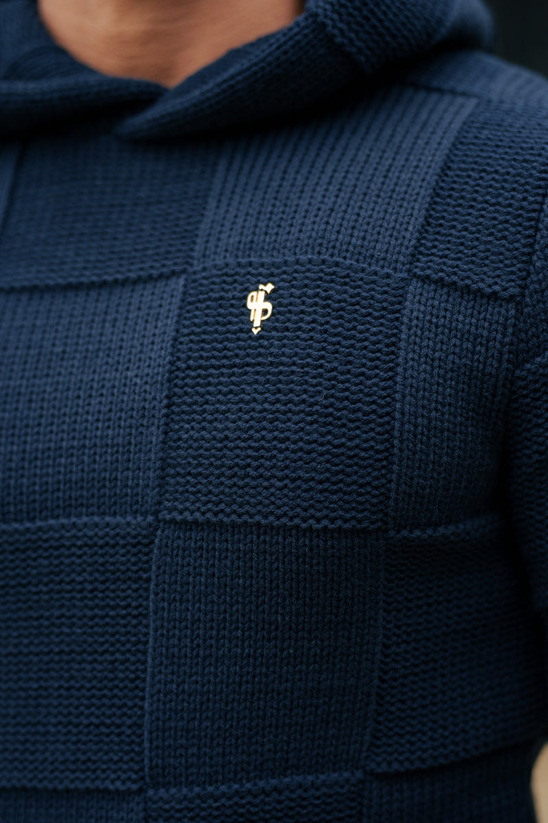 Father Sons Navy Checkerboard Knitted Hoodie - FSJ138 (PRE ORDER 11TH DECEMBER)