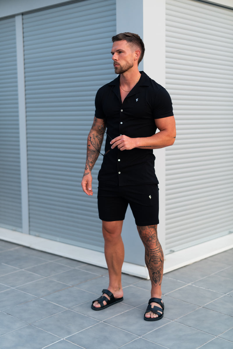 Father Sons Stretch Black / Silver Pique Revere Shirt Short Sleeve - FSH1355