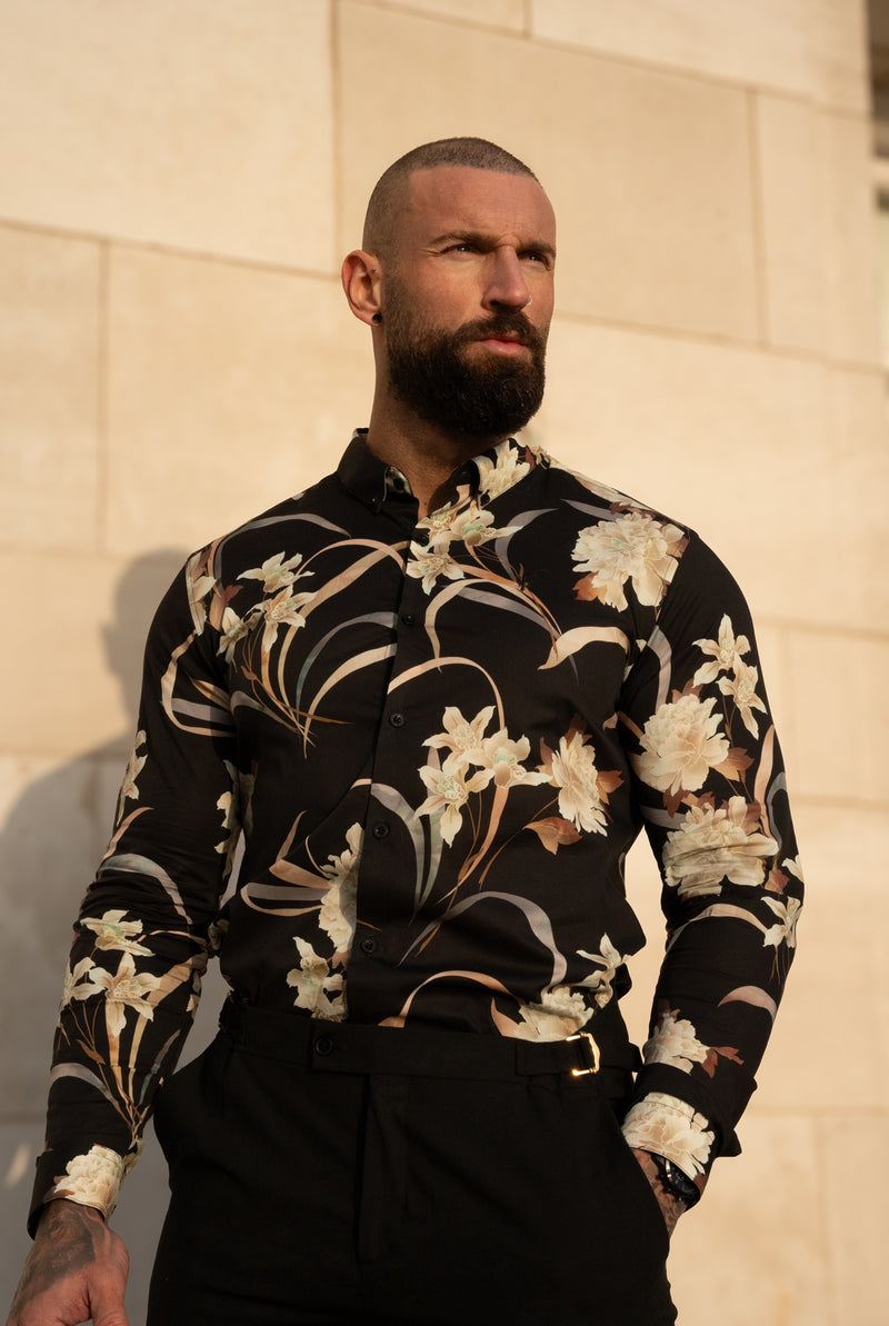 Classic Stretch LS Black Oriental Print Button Down Collar - FS1156