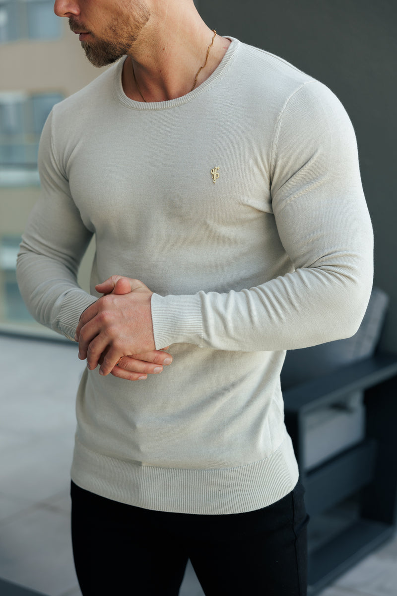 FS Beige Crew Neck Knitted Jumper With FS Branding - FSN195