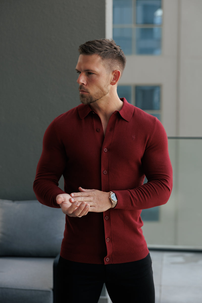 Father Sons Classic Plain Burgundy Knitted Button Through Polo Long Sleeve - FSN214