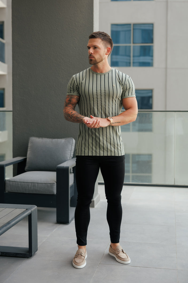 Father Sons Printed Olive / Black Stripe Fitted T Shirt - FSH1374