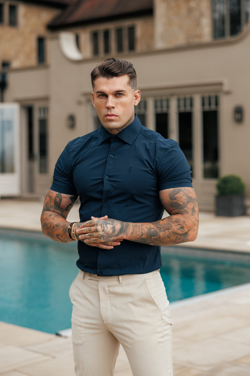 Father Sons Muscle Fit Advanced Stretch Navy Short Sleeve with Cutaway Collar - FS1163