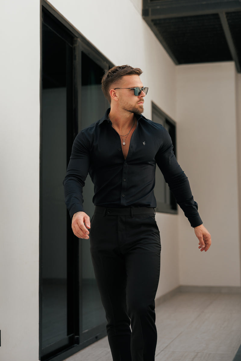 FS Super Slim Stretch Black Denim Long Sleeve with Gunmetal Metal Decal and Cutaway Collar - FS1169