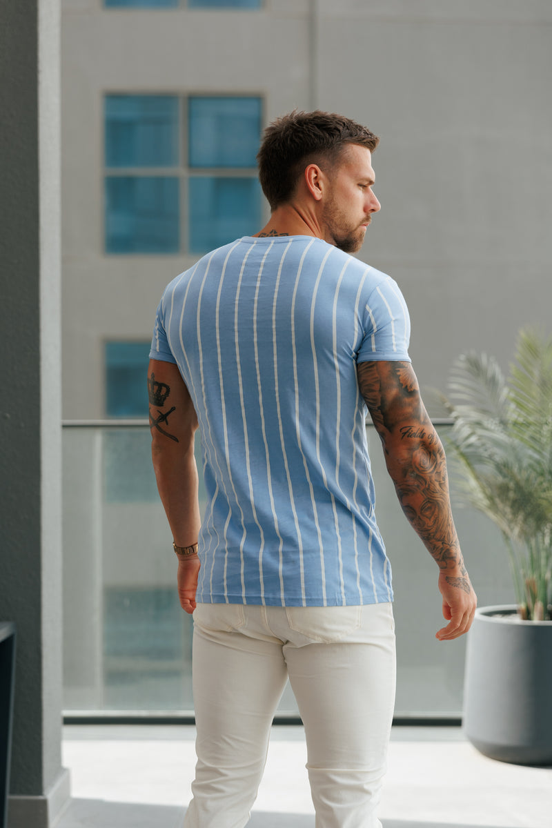 Father Sons Printed Light Blue / White Stripe Fitted T Shirt - FSH1169