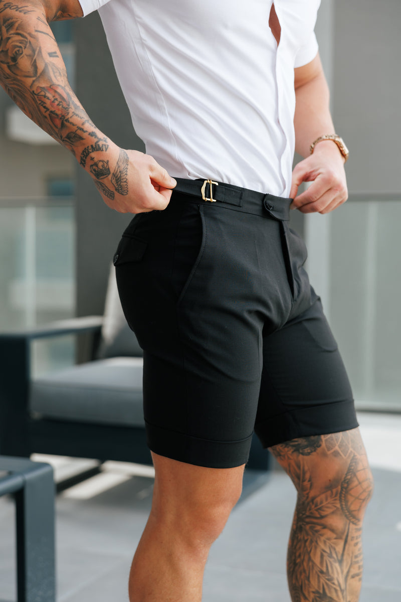 Father Sons Tailored Black Shorts With Gold Buckle Adjusters - FSTS006