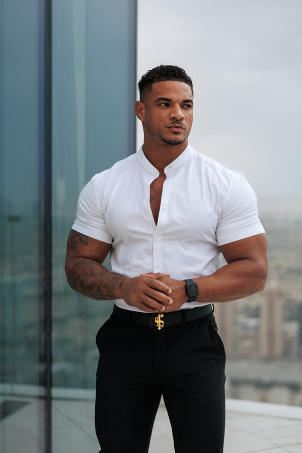 Father Sons Super Slim Stretch Classic All White Grandad Collar Short Sleeve - FS580