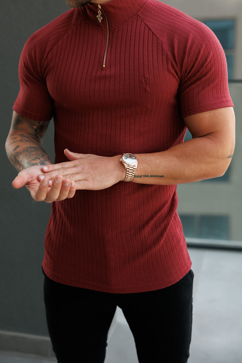 Father Sons Classic Burgundy Ribbed Zip Funnel Neck Raglan Short Sleeve Crew - FSH1293