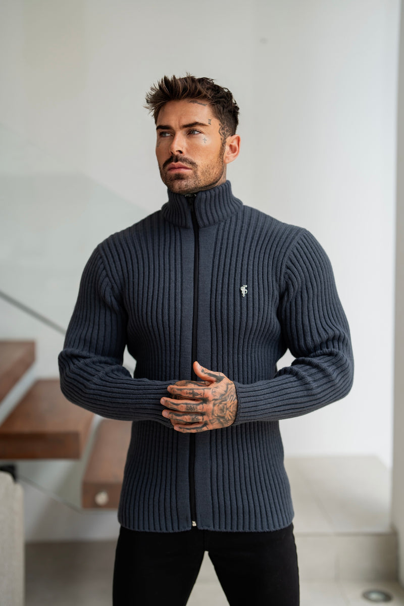 Father Sons Chunky Gunmetal Ribbed Zipped Cardigan - FSJ072 (PRE ORDER 21ST MARCH)