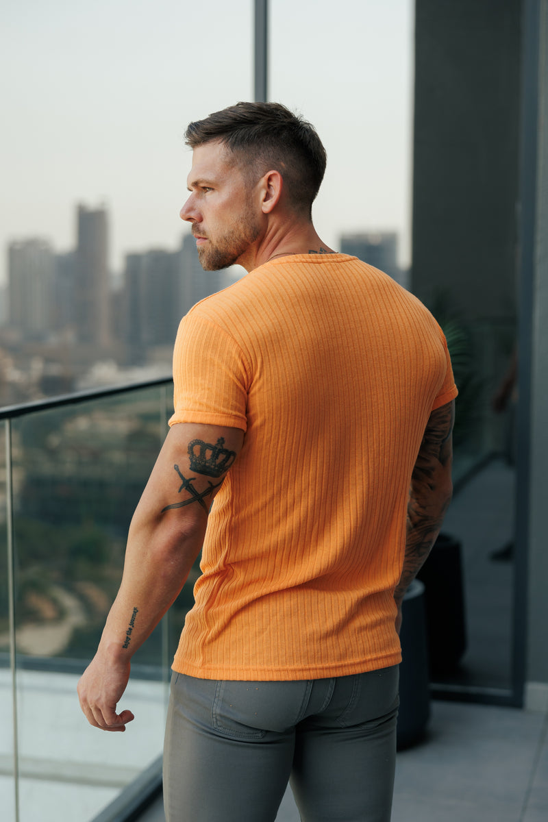 Father Sons Classic Orange Ribbed Knit Super Slim Short Sleeve Crew - FSH1163