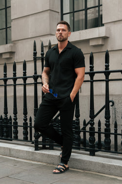 Father Sons Jersey Cord Stretch Black Revere Shirt Short Sleeve - FSR018 (PRE ORDER 11TH AUGUST)