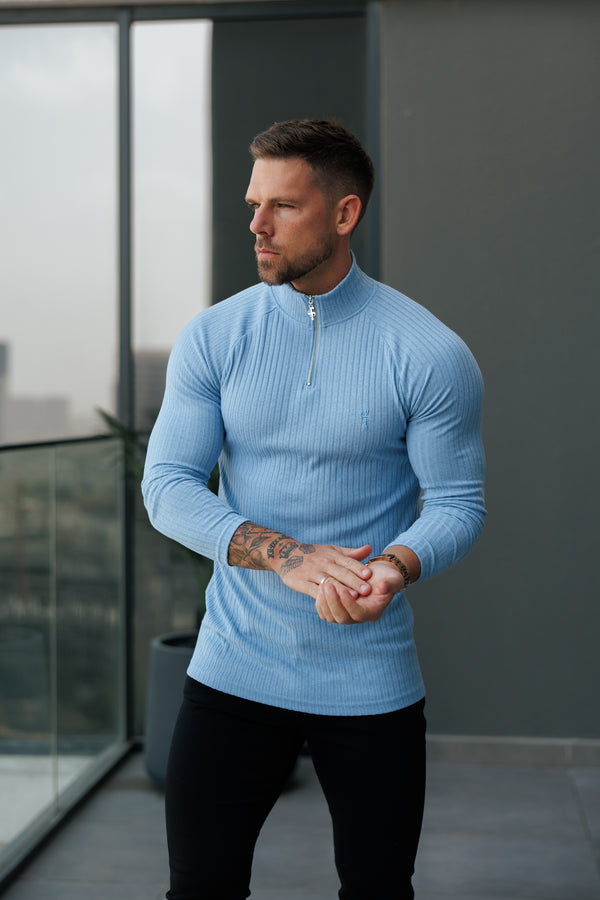 FS Classic Light Blue Ribbed Zip Funnel Neck Raglan Long Sleeve Crew - FSH1298