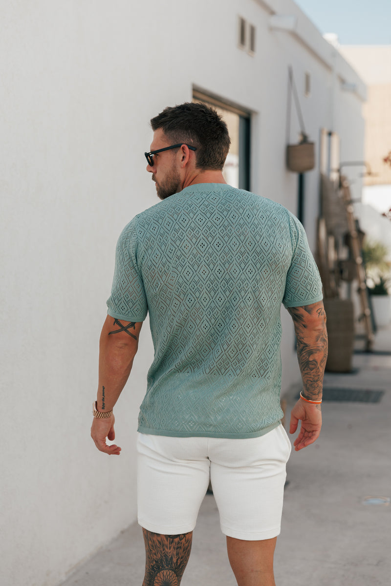 Father Sons Crochet Crew T-Shirt Light Green Short Sleeve - FSJ091