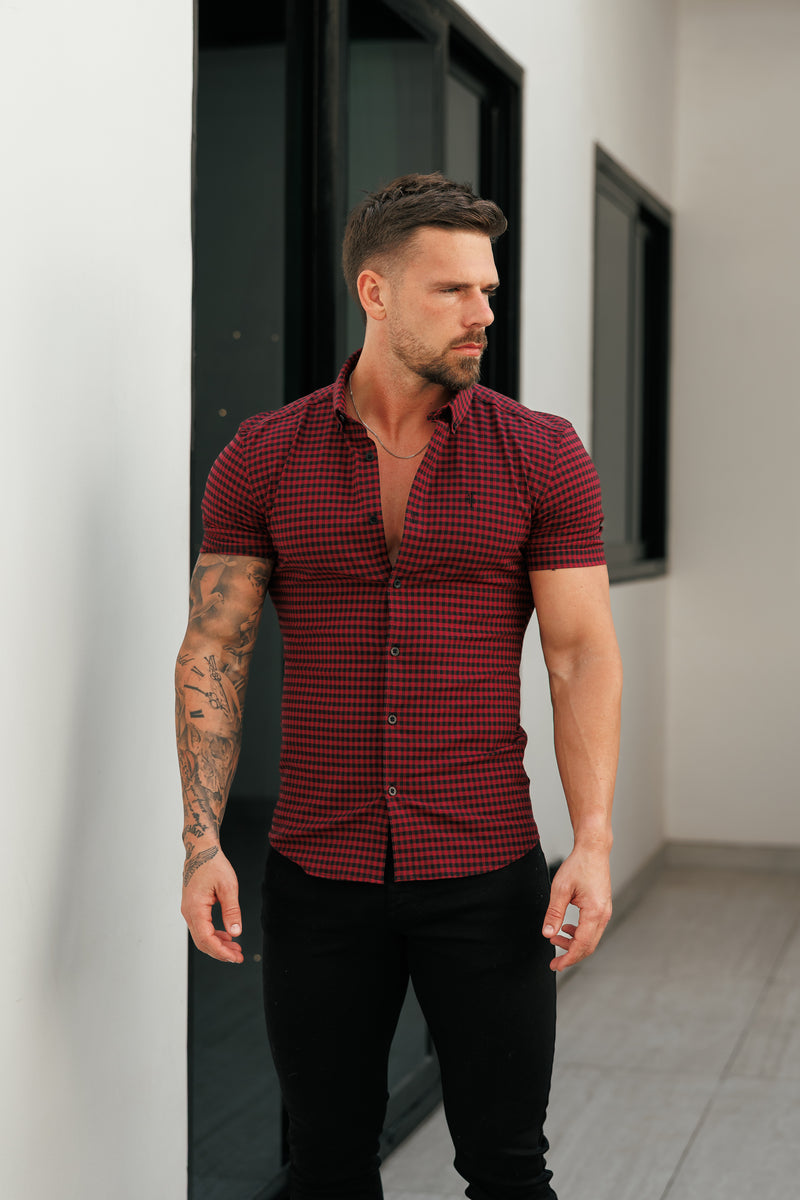 Father Sons Super Slim Ultra Stretch Red & Black Check Short Sleeve - FS514