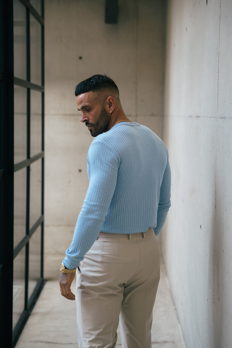 Father Sons Classic Light Blue Ribbed Knit Jumper With Tonal Embroidery - FSH1286