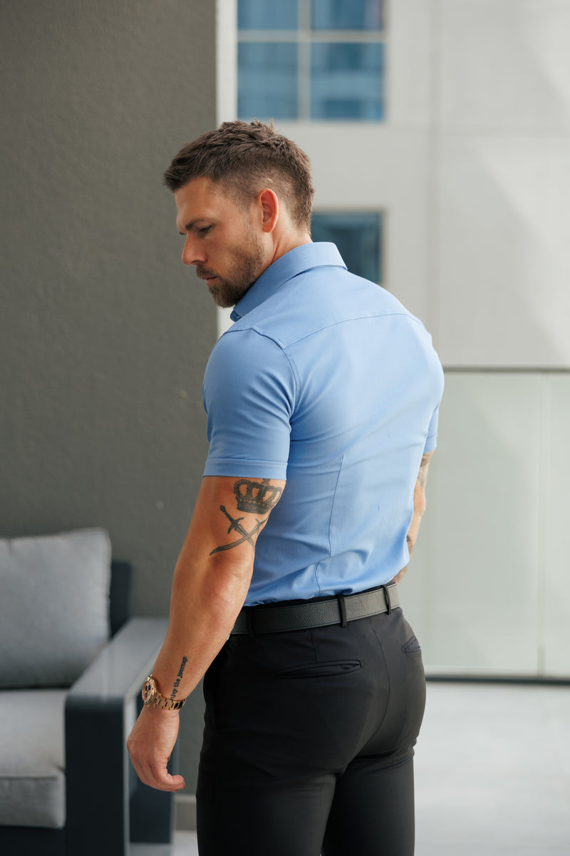 Father Sons Super Slim Stretch Light Blue Denim Short Sleeve with Cutaway Collar- FS1152