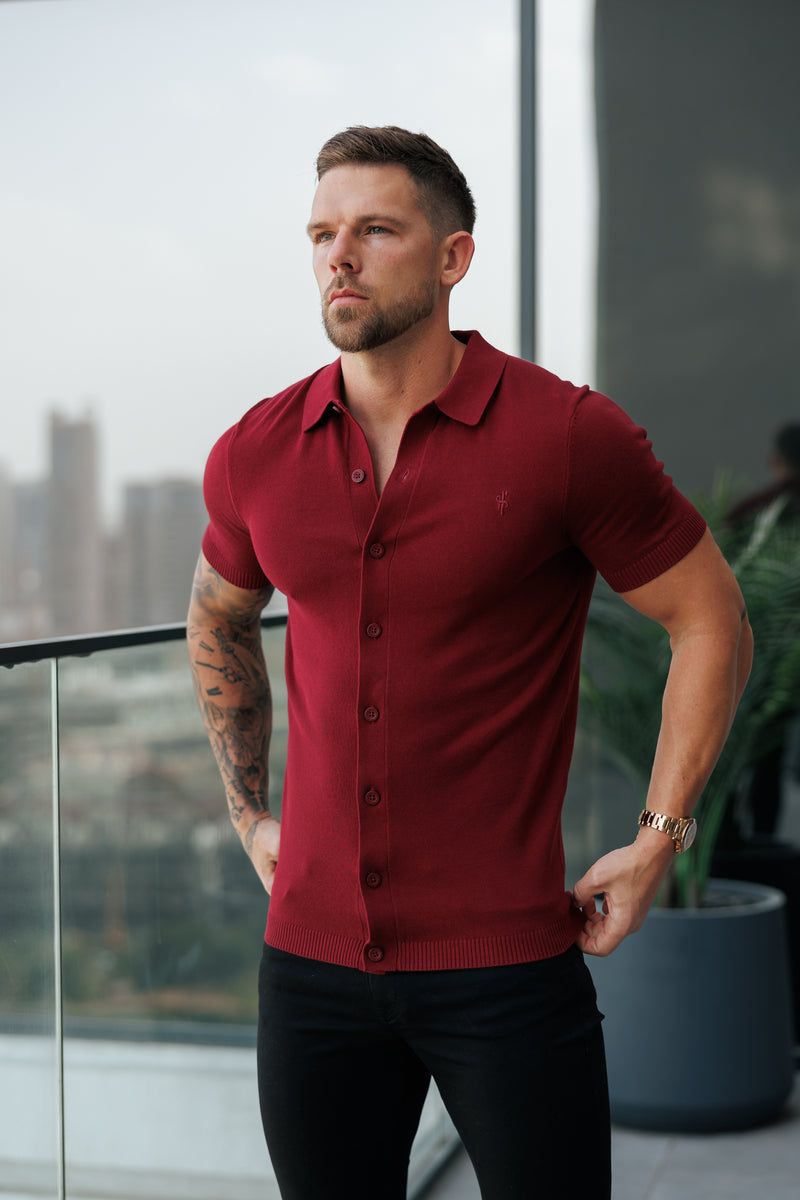 Father Sons Classic Plain Burgundy Knitted Button Through Polo Short Sleeve - FSN217