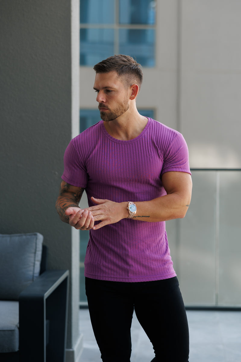 Father Sons Classic Light Purple Ribbed Knit Super Slim Short Sleeve Crew - FSH1161