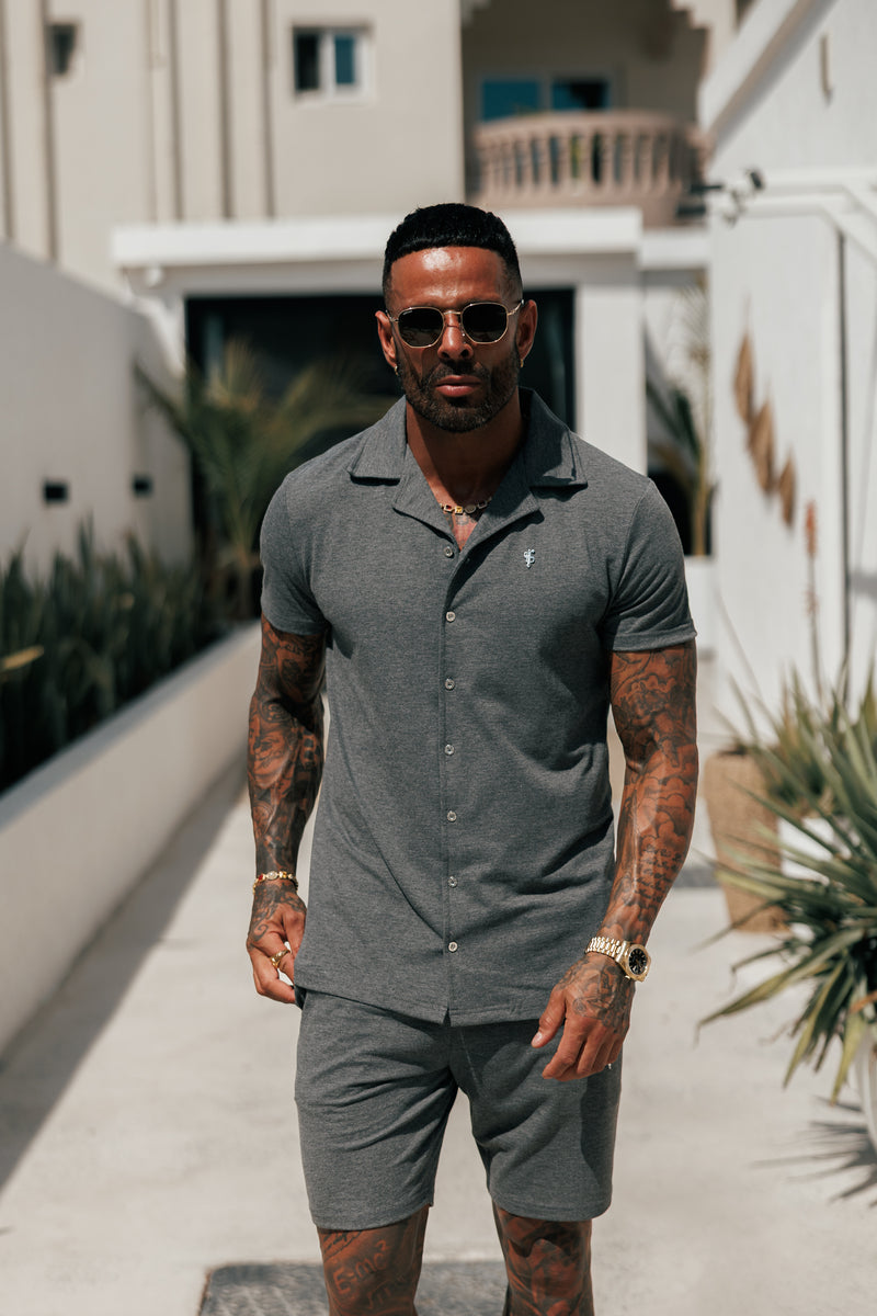 Father Sons Stretch Charcoal / Silver Pique Revere Shirt Short Sleeve - FSH1358 (PRE ORDER 16TH MAY)