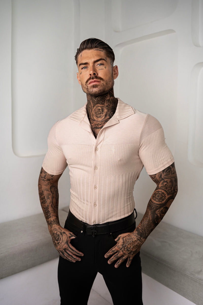 Father Sons Jersey Revere Vertical Stripe Beige Shirt Short Sleeve - FSR026