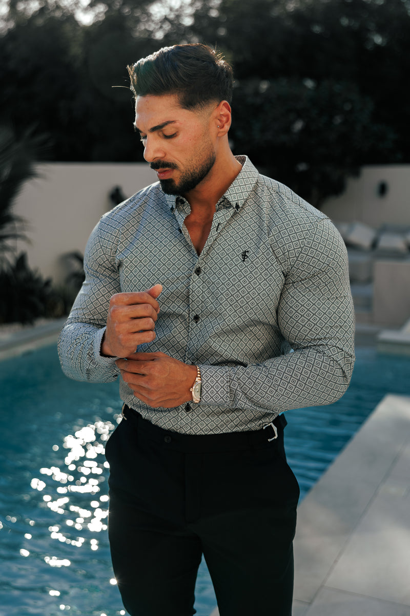 Father Sons Super Slim Stretch Black / White Diamond Print Long Sleeve with Button Down Collar - FS1226