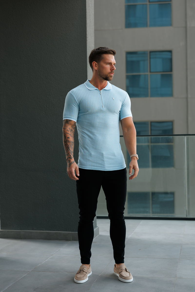 FS Classic Powder Blue Ribbed Zip Polo with Contrast Short Sleeve - FSH1106