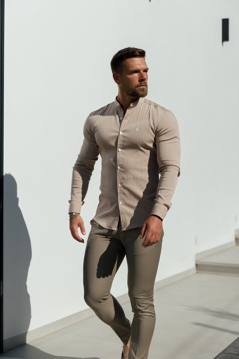 Father Sons Super Slim Stretch Taupe Printed Pinstripe Long Sleeve with Grandad Collar - FS1057 (PRE ORDER 31ST JULY)