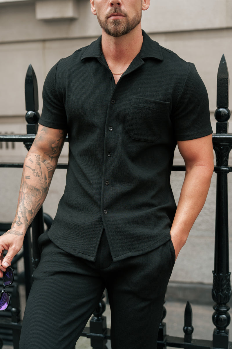 Father Sons Jersey Cord Stretch Black Revere Shirt Short Sleeve - FSR018 (PRE ORDER 11TH AUGUST)
