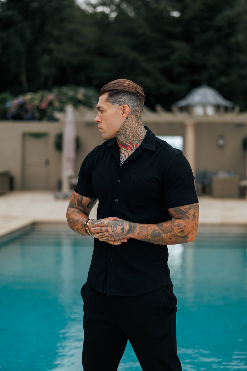 Father Sons Jersey Cord Stretch Black Revere Shirt Short Sleeve - FSR018