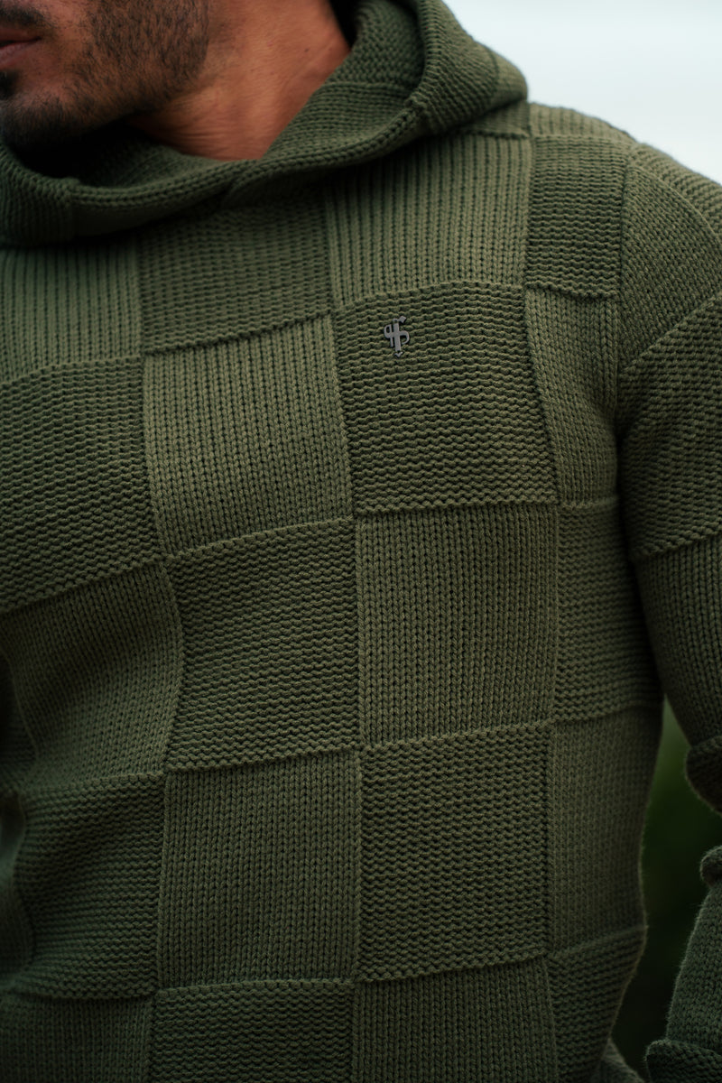 Father Sons Olive Checkerboard Knitted Hoodie - FSJ137 (PRE ORDER 11TH DECEMBER)