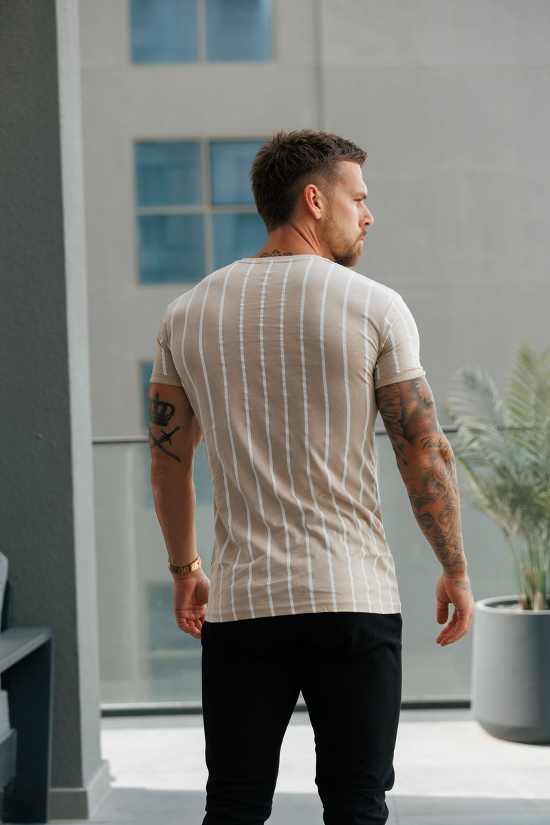 Father Sons Printed Taupe / White Stripe Fitted T Shirt - FSH1170