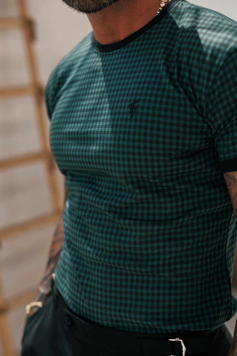Father Sons Printed Forest Green / Black Check Fitted T Shirt - FSH1241