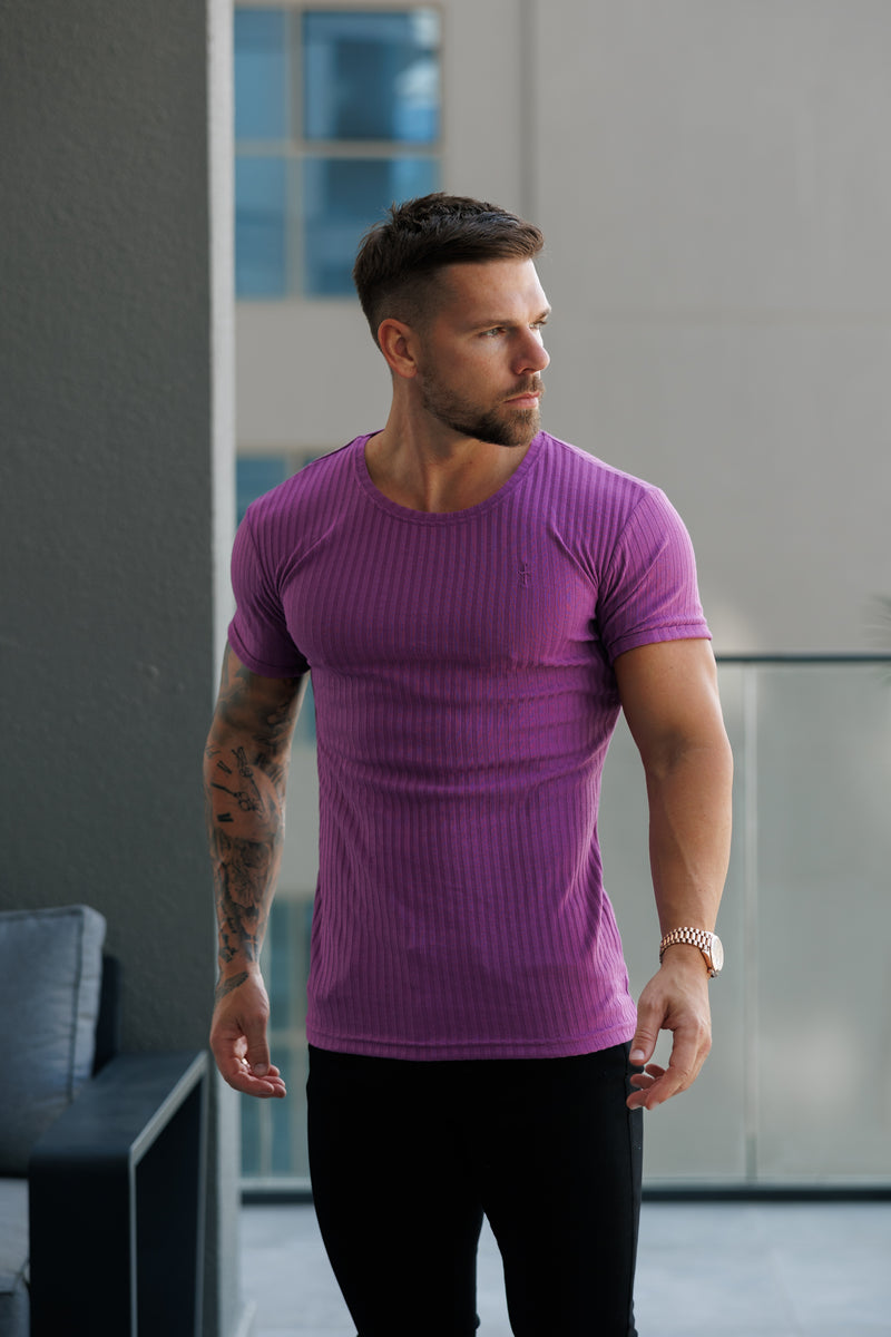 Father Sons Classic Light Purple Ribbed Knit Super Slim Short Sleeve Crew - FSH1161