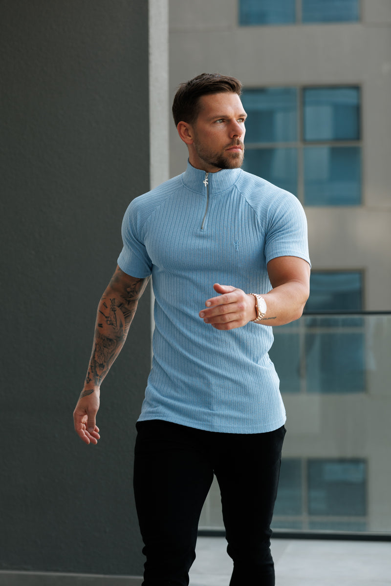 Father Sons Classic Light Blue Ribbed Zip Funnel Neck Raglan Short Sleeve Crew - FSH1291