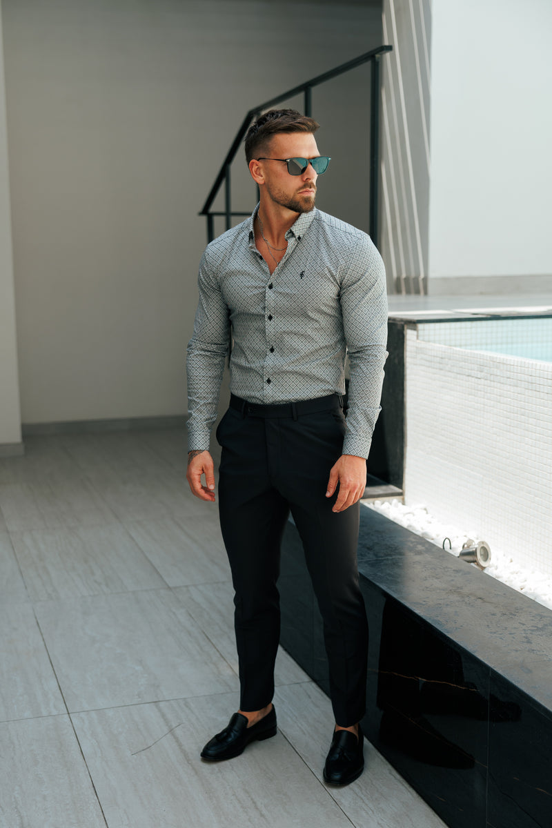 Father Sons Super Slim Stretch Black / White Diamond Print Long Sleeve with Button Down Collar - FS1226