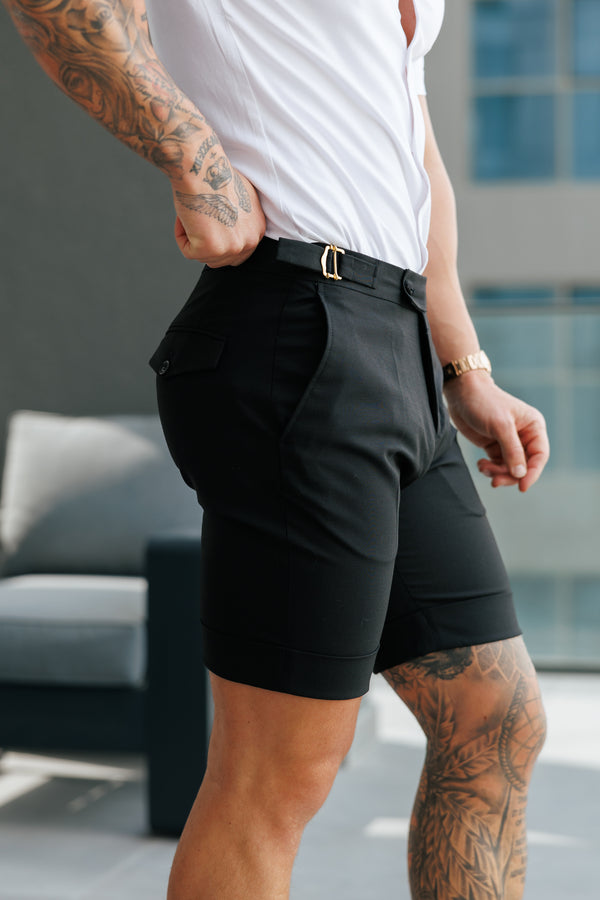 Father Sons Tailored Black Shorts With Gold Buckle Adjusters - FSTS006