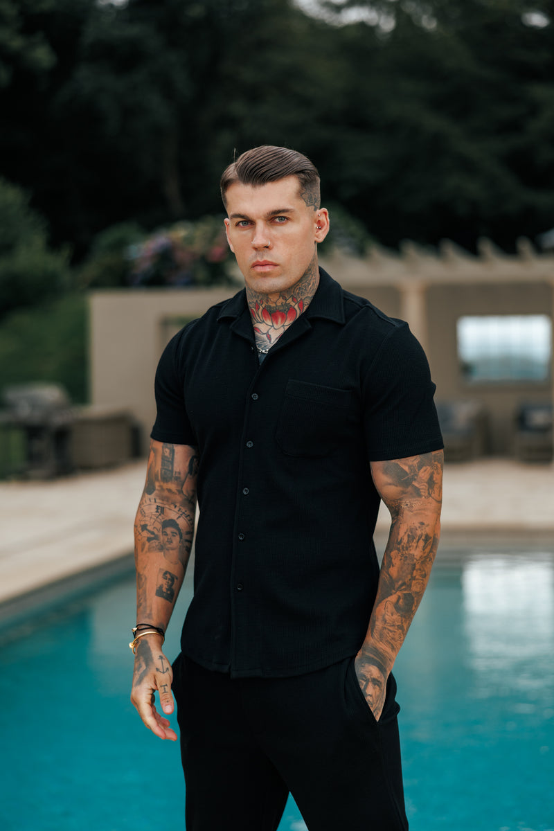 Father Sons Jersey Cord Stretch Black Revere Shirt Short Sleeve - FSR018