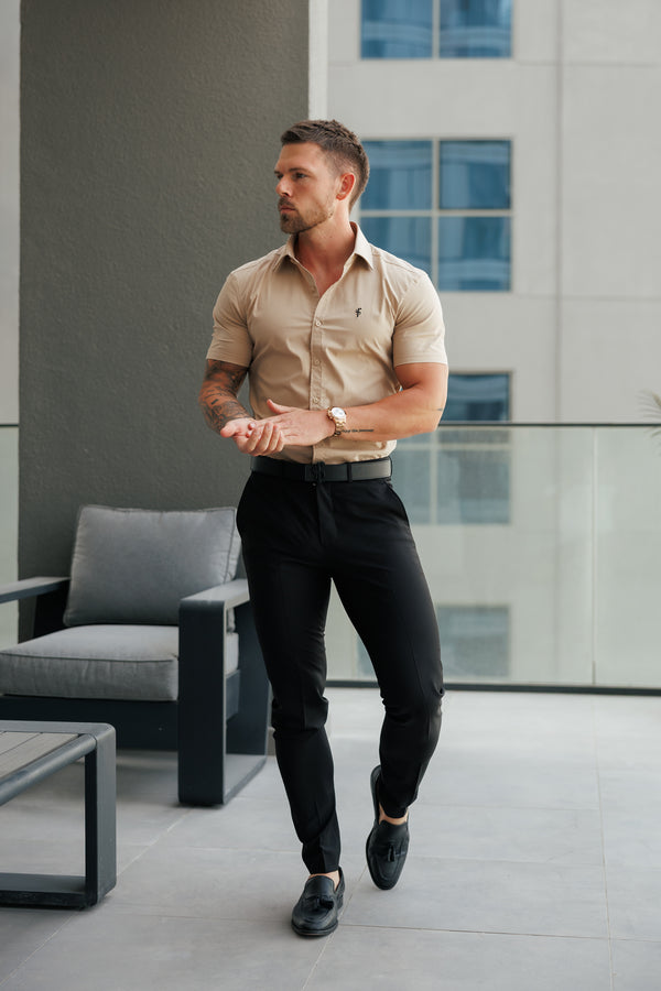 Father Sons Super Slim Stretch Beige Short Sleeve with Cutaway Collar  - FS1161