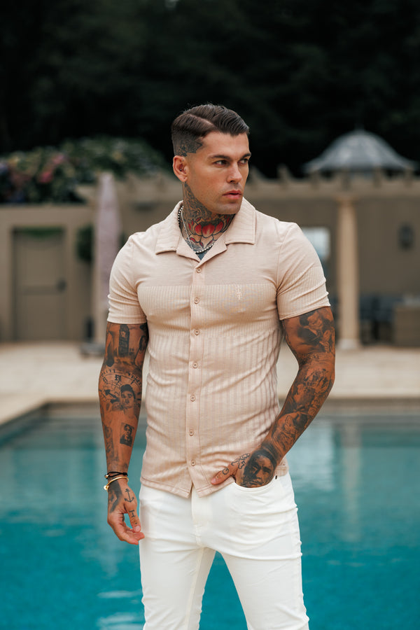Father Sons Jersey Revere Vertical Stripe Beige Shirt Short Sleeve - FSR026