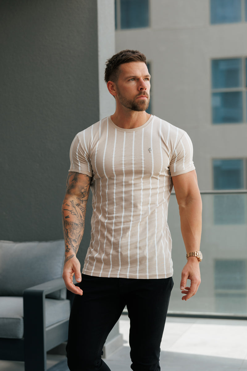 Father Sons Printed Taupe / White Stripe Fitted T Shirt - FSH1170