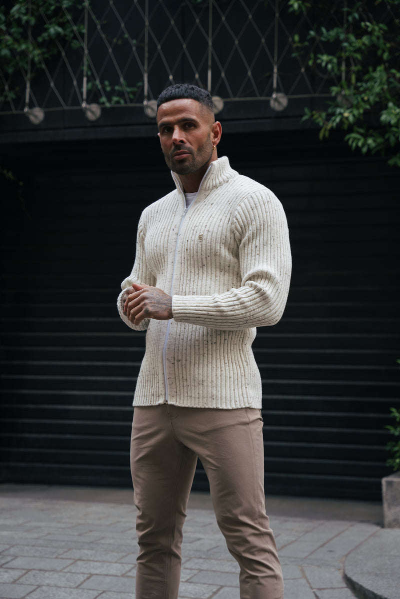 Father Sons Chunky Beige Flecks Ribbed Zipped Cardigan - FSJ070 (PRE ORDER 28TH FEBRUARY)