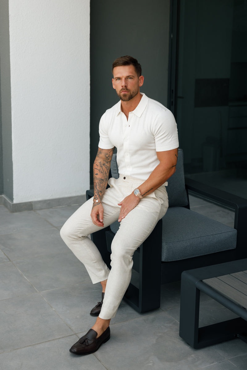 Father Sons Classic Plain Off White Knitted Button Through Polo Short Sleeve - FSN165