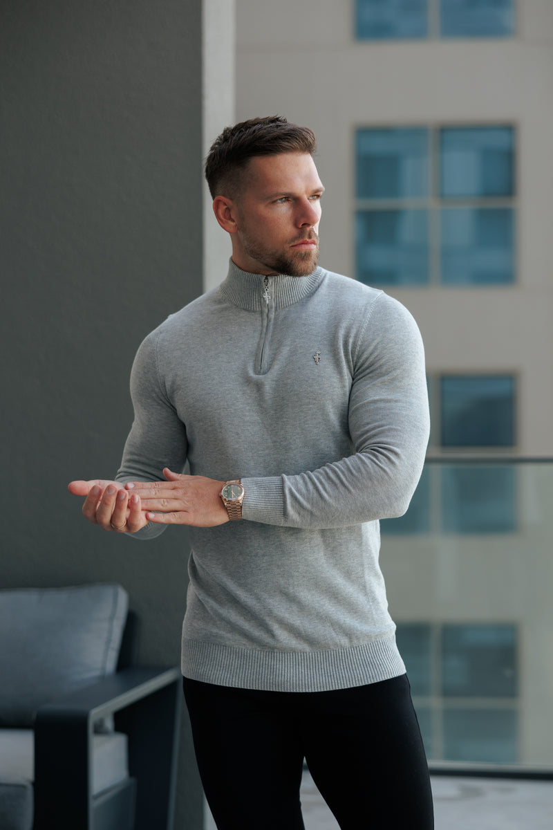 FS Light Grey Funnel Neck Knitted Jumper With FS Branding - FSN193