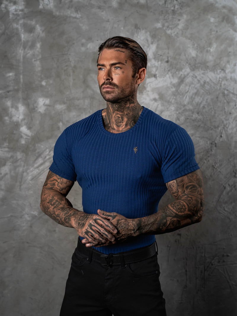 Father Sons Classic New Navy / Gold Ribbed Knit Super Slim Short Sleeve Crew - FSH1383