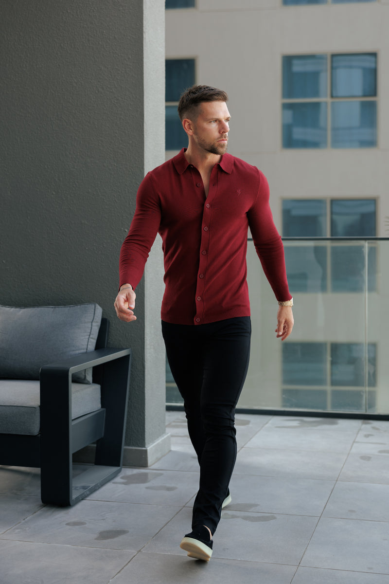 Father Sons Classic Plain Burgundy Knitted Button Through Polo Long Sleeve - FSN214