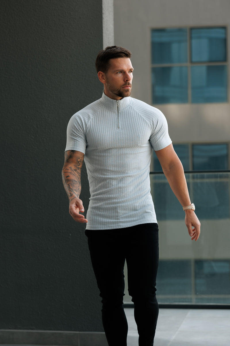 Father Sons Classic Light Grey Ribbed Zip Funnel Neck Raglan Short Sleeve Crew - FSH1287