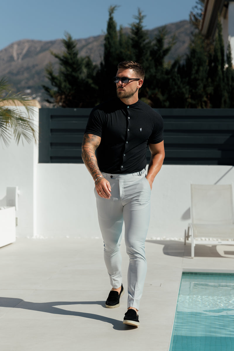 FS Slim Bamboo Raglan Grandad Collar Black Short Sleeve - FSH1165