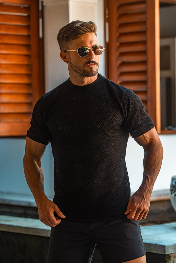 Father Sons Crochet Crew T-Shirt Black Short Sleeve - FSJ085 (PRE 17TH JUNE)