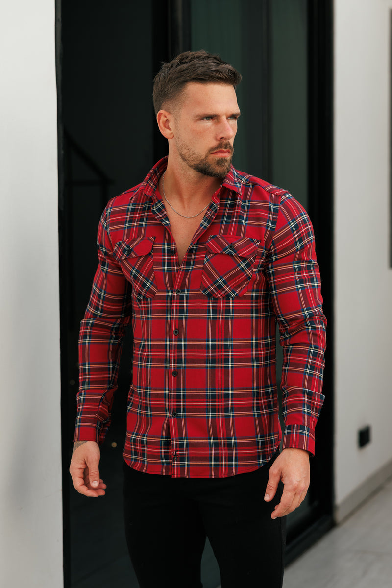 Father Sons Red Tartan Check Shacket With Double Pockets - FS1036